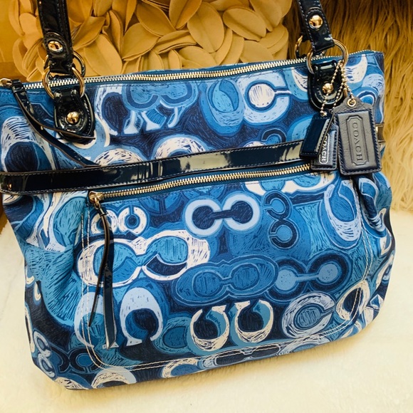 Coach Signature Logo Blue Nylon/Leather Tote - Picture 5 of 8